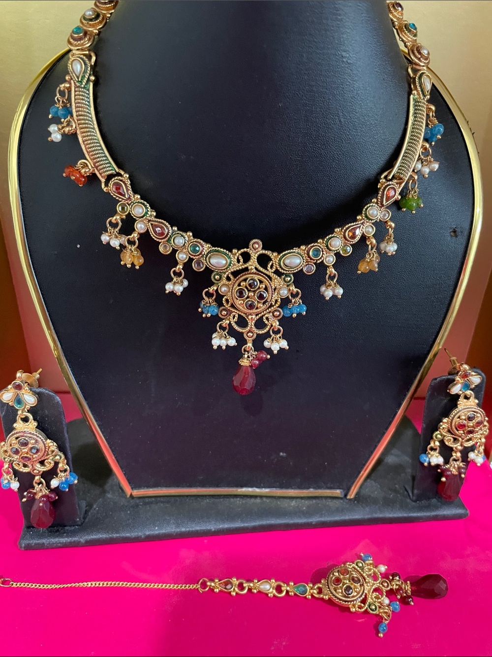 Gold-Tone Multistone Kundan Necklace Set with Red Drop